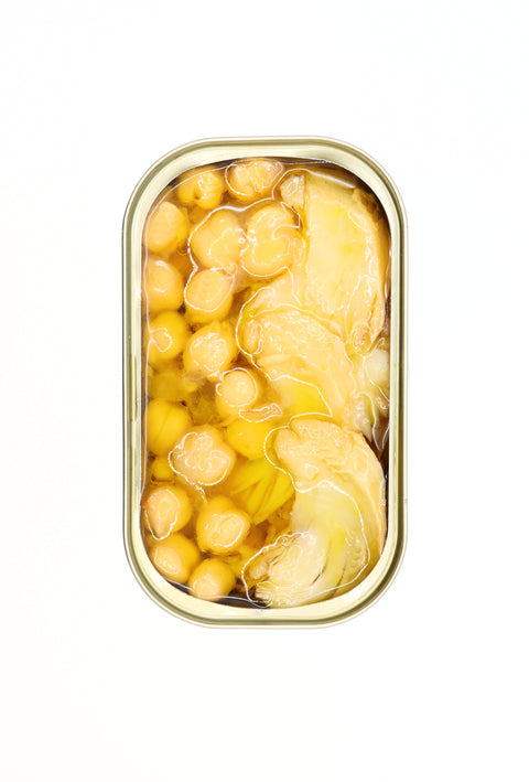 Codfish with chick peas, onios and Olive Oil